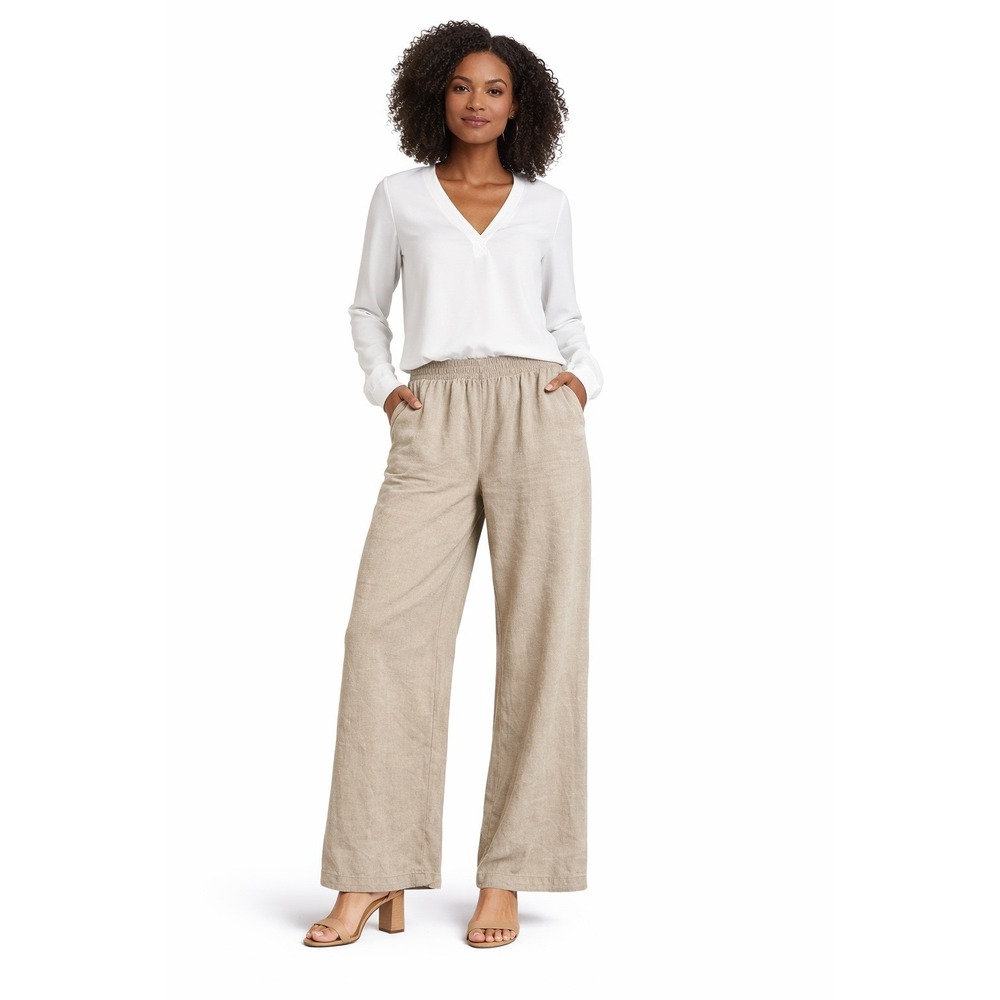 ANRABESS Wide Leg Linen Blend Pants XXL Smocked Waist Oat Neutral‎ Lounge